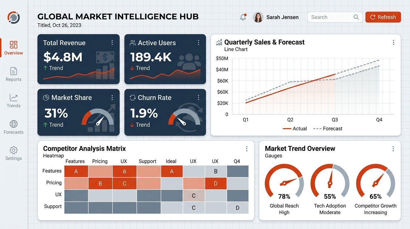 Dashboard competitivo con gráficos, métricas comparativas y indicadores de tendencias de mercado integrados.
