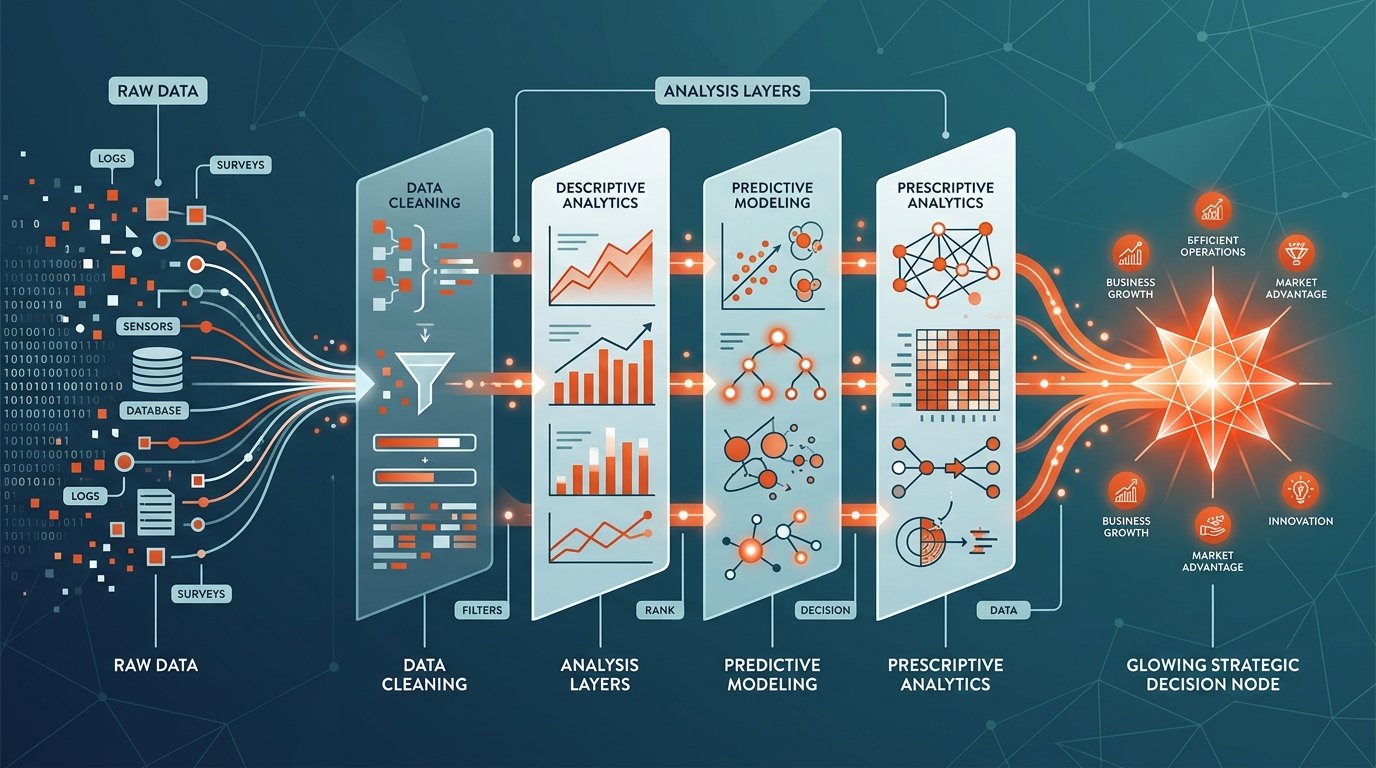 Flujo visual de datos transformándose en decisiones estratégicas mediante análisis competitivo progresivo.