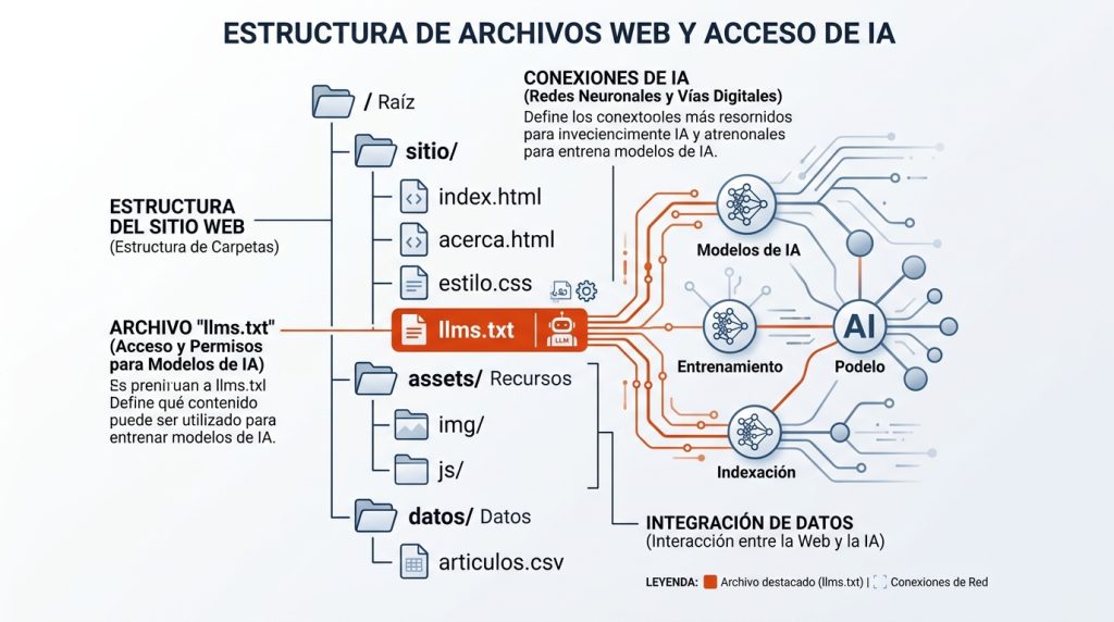Estructura de archivos web con llms.txt destacado en naranja, conectado a nodos de red neuronal que representan modelos de