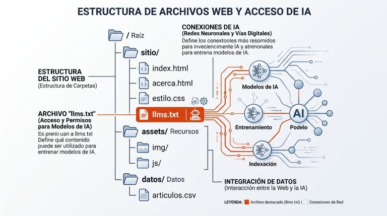 Estructura de archivos web con llms.txt destacado en naranja, conectado a nodos de red neuronal que representan modelos de