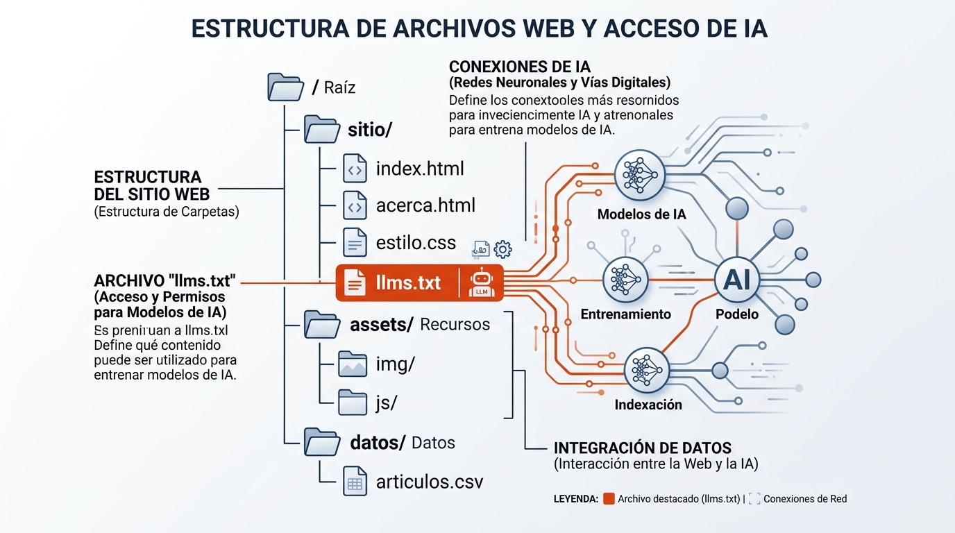 Estructura de archivos web con llms.txt destacado en naranja, conectado a nodos de red neuronal que representan modelos de