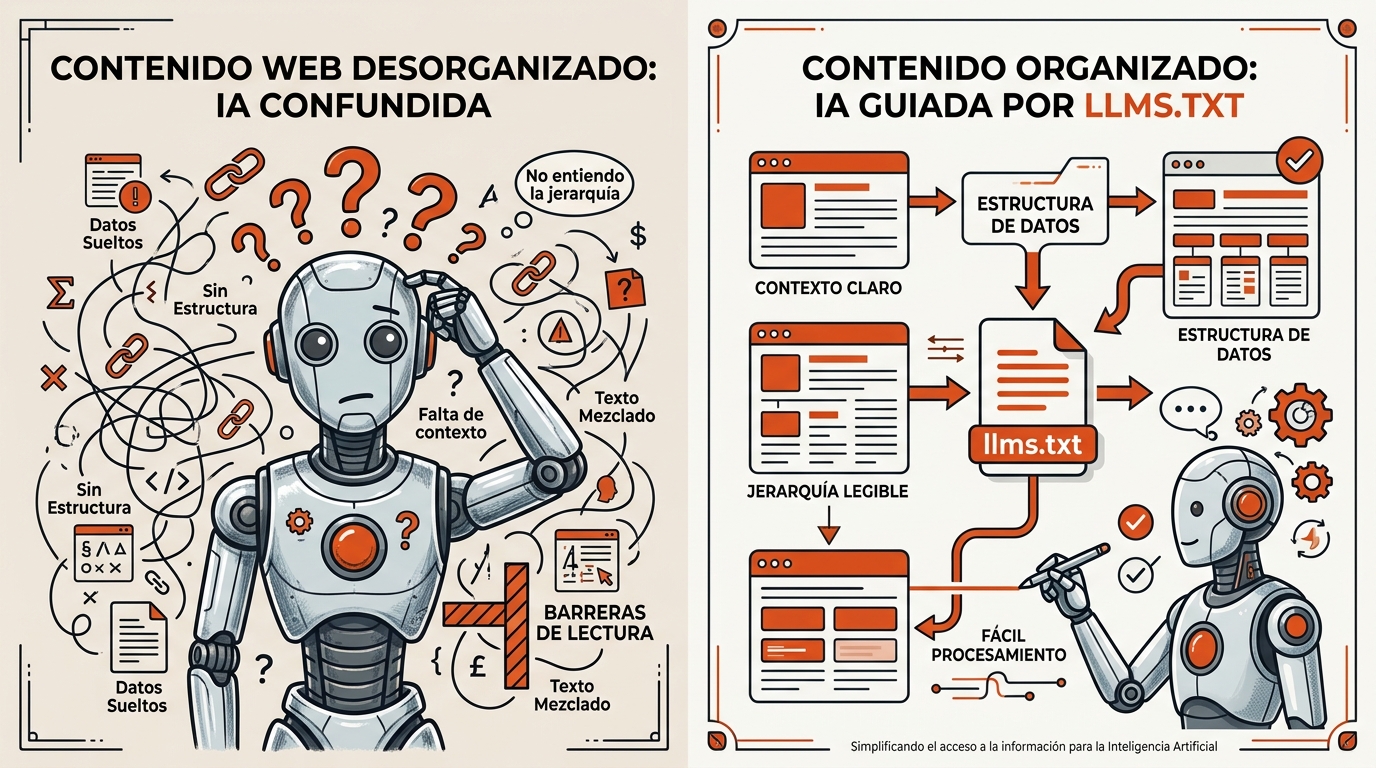 Comparación visual: IA confundida sin llms.txt versus IA leyendo correctamente con archivo llms.txt como guía.