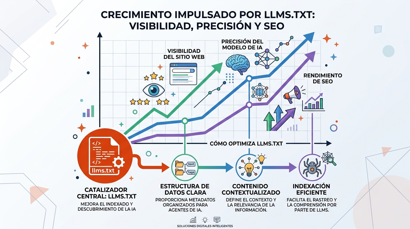 Gráfico ascendente mostrando impacto de llms.txt en visibilidad web, precisión de IA y rendimiento SEO.