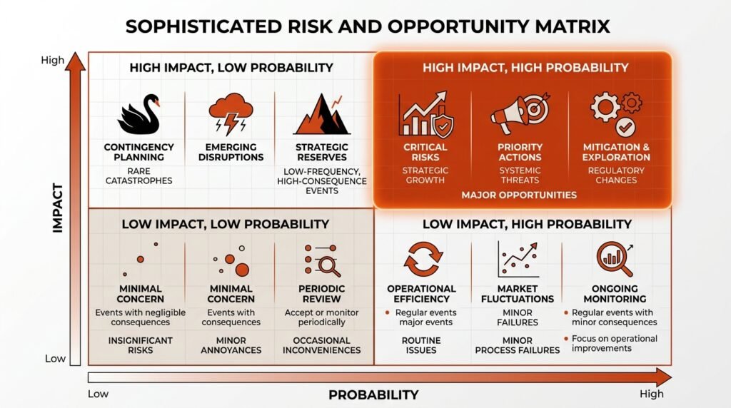 Matriz de impacto-probabilidad con cuatro cuadrantes para priorizar riesgos y oportunidades estratégicas.