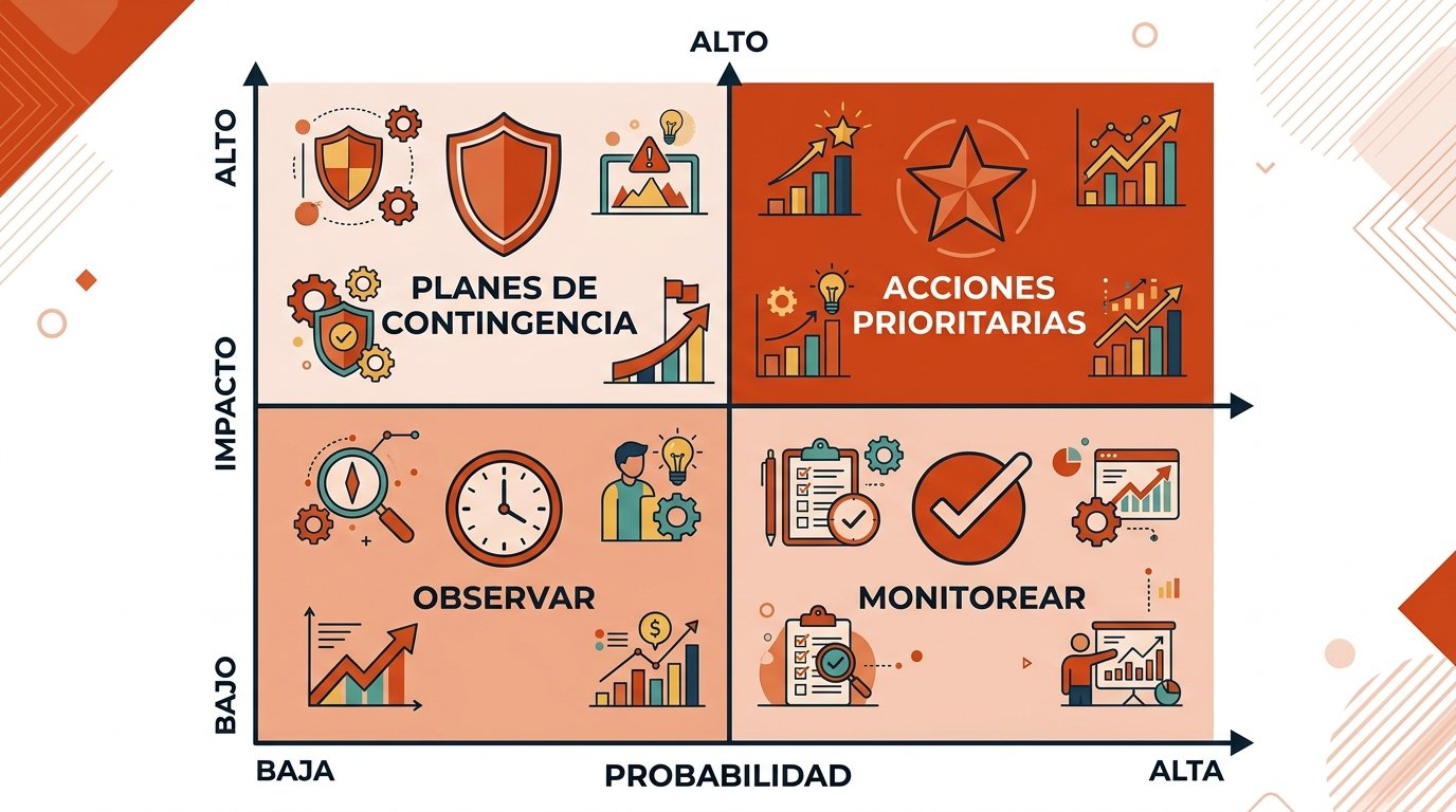 Cuatro cuadrantes de la matriz DAFO mostrando acciones prioritarias, planes de contingencia, monitoreo y vigilancia según