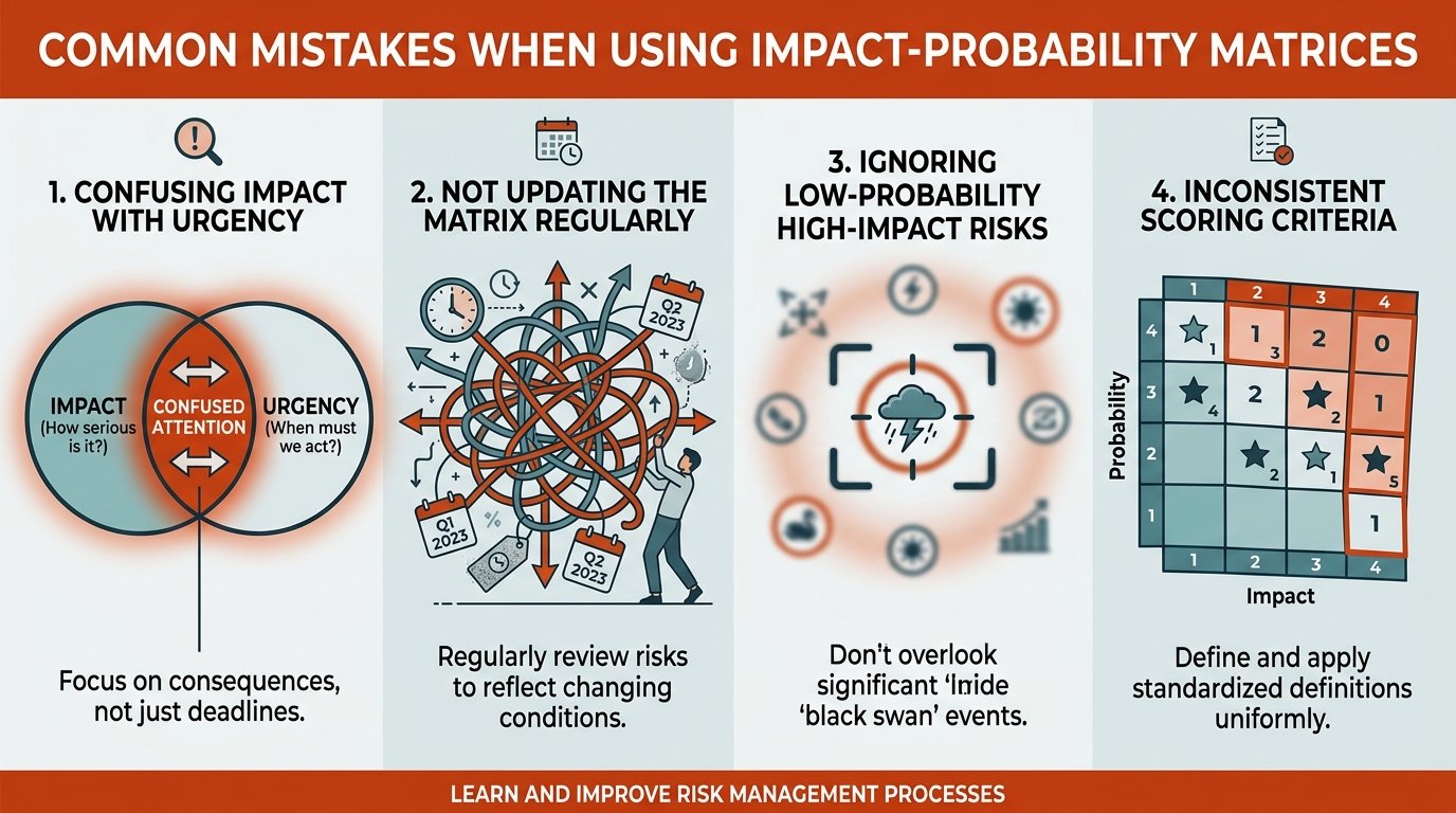 Errores comunes en la matriz de impacto-probabilidad: confundir urgencia con impacto, no actualizar datos y olvidar riesgos