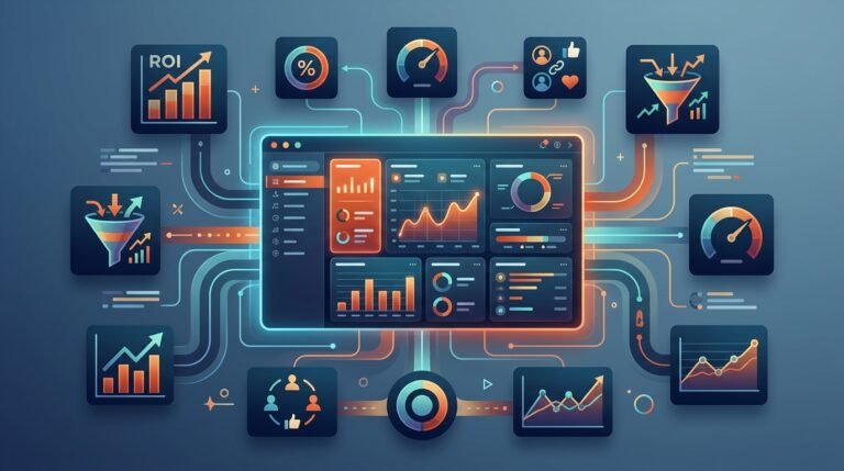 Dashboard de marketing con gráficos interconectados, KPIs y métricas de rendimiento en naranja y azul.