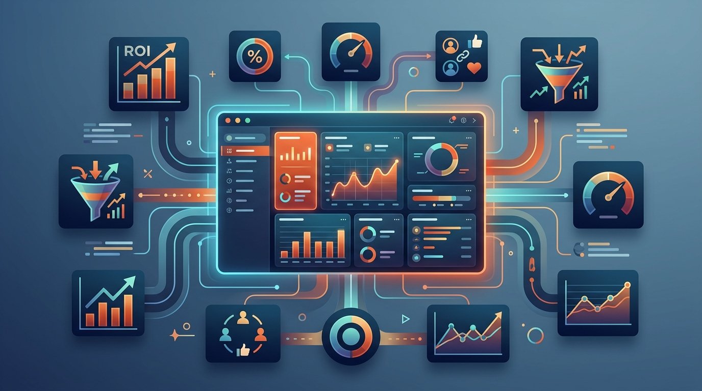 Dashboard de marketing con gráficos interconectados, KPIs y métricas de rendimiento en naranja y azul.