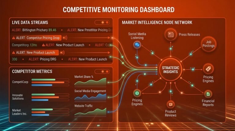 Panel de monitoreo competitivo en tiempo real con alertas activas, métricas de competencia y datos de inteligencia de