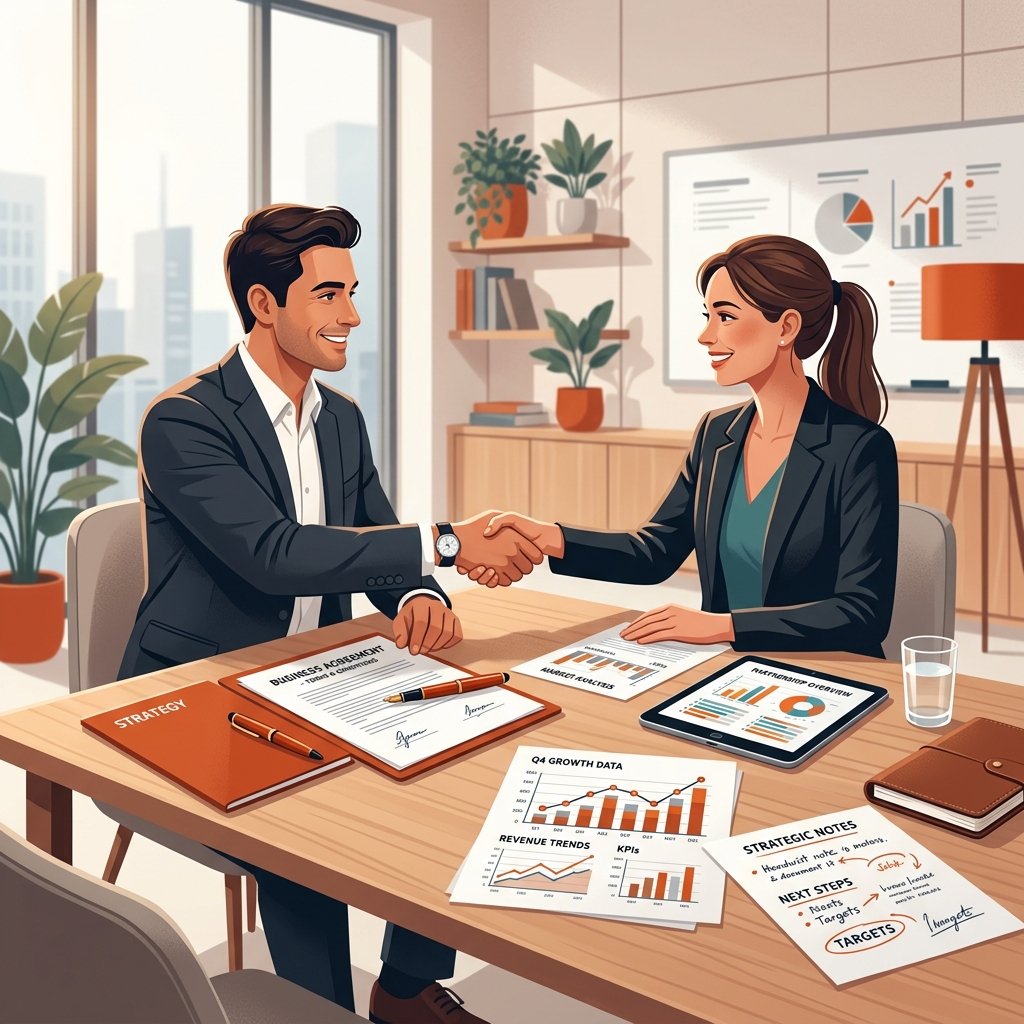 Dos profesionales estrechando manos sobre una mesa con documentos y gráficos de negociación empresarial.