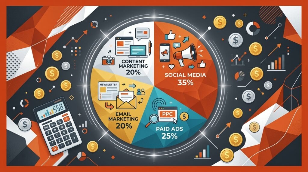 Gráfico de asignación de presupuesto de marketing mostrando segmentos de canal con monedas y calculadora.