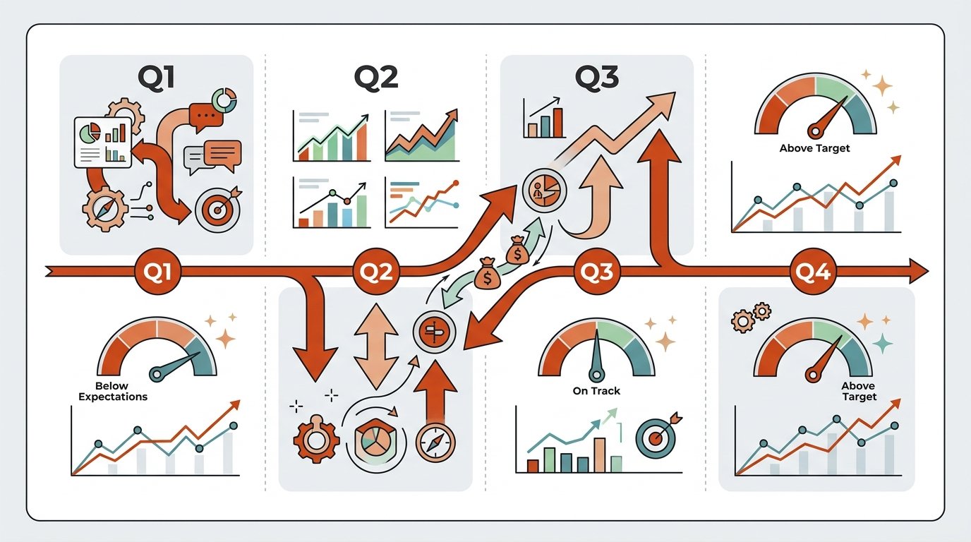 Línea de tiempo trimestral con flechas de ajuste de presupuesto y métricas de ROI en gráficos de tendencia.