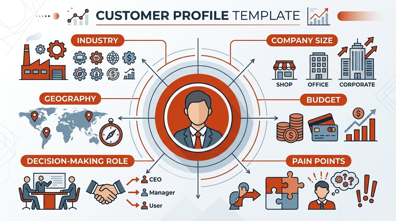 Perfil de cliente ideal con atributos clave como sector, tamaño empresarial, presupuesto y puntos de dolor.