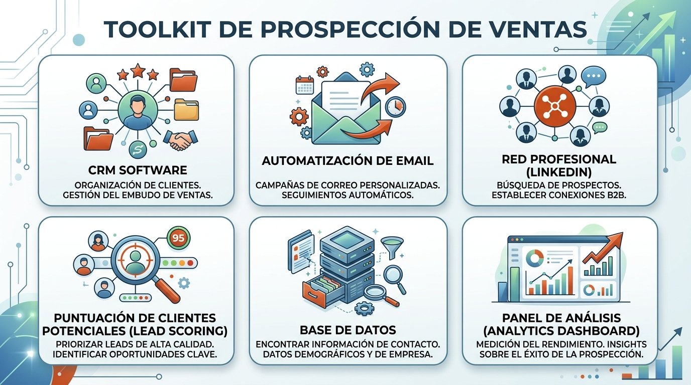 Herramientas de prospección incluyen CRM, automatización de email, redes profesionales, lead scoring y análisis de datos.