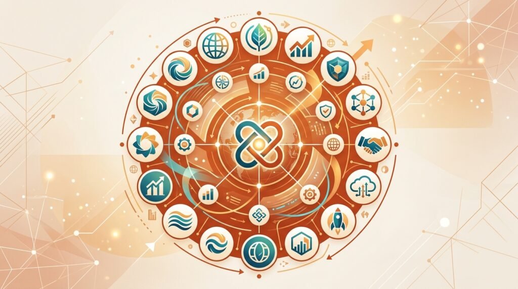 Collage de identidades de marca conectadas que muestran ejemplos de quiénes somos efectivos en diferentes empresas.