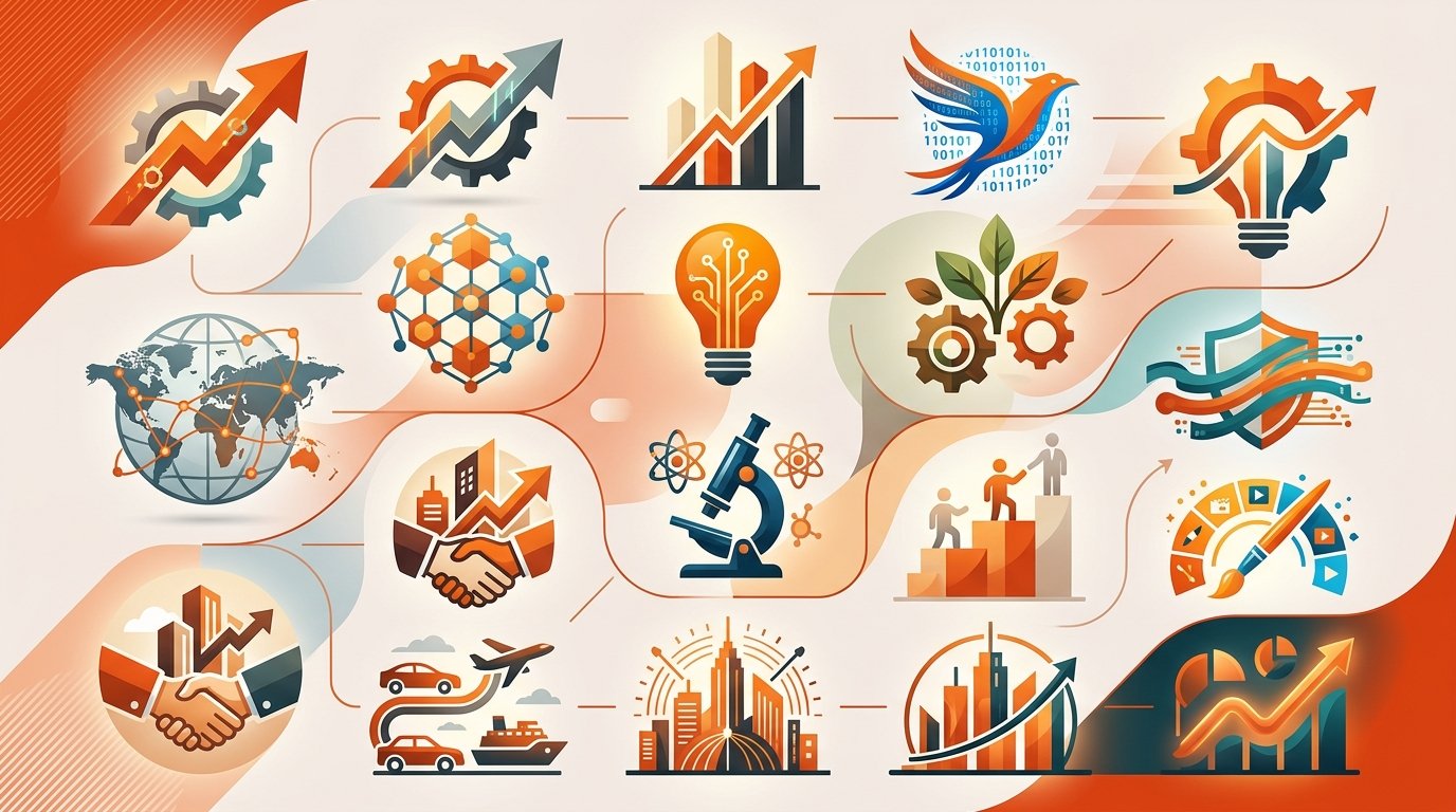 Sixteen abstract company icons representing different sectors and corporate identities.