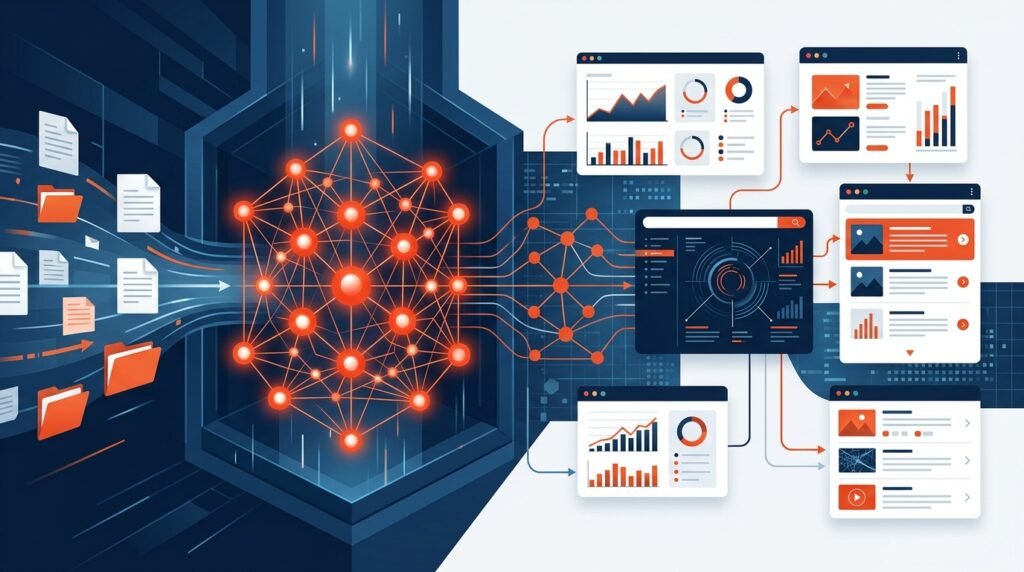 Flujo visual de búsqueda inteligente en RAG empresarial: documentos internos conectados a una base de datos vectorial y