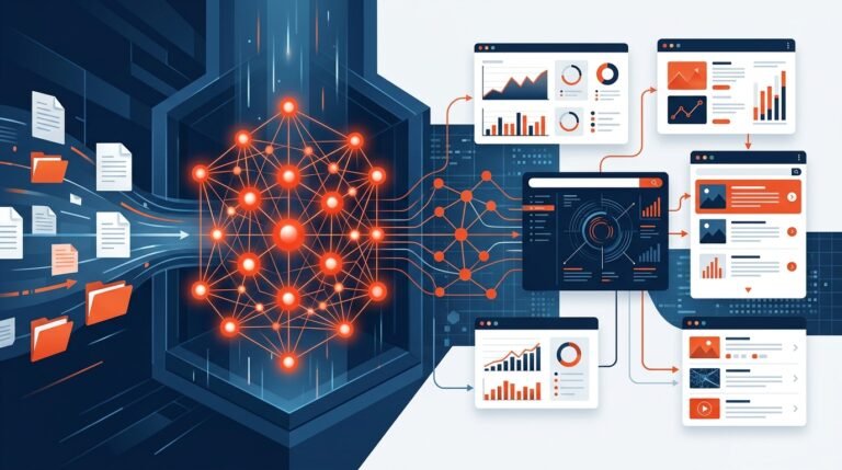Flujo visual de búsqueda inteligente en RAG empresarial: documentos internos conectados a una base de datos vectorial y