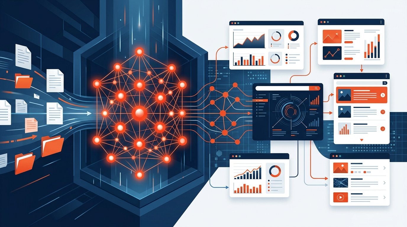 Flujo visual de búsqueda inteligente en RAG empresarial: documentos internos conectados a una base de datos vectorial y