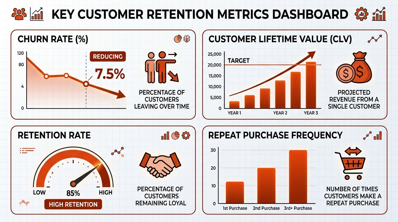Panel de métricas con gráficos de churn rate, lifetime value y tasa de retención en naranja.