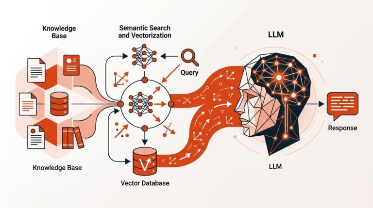 Flujo de Retrieval Augmented Generation conectando modelo de lenguaje con base de datos mediante búsqueda semántica y