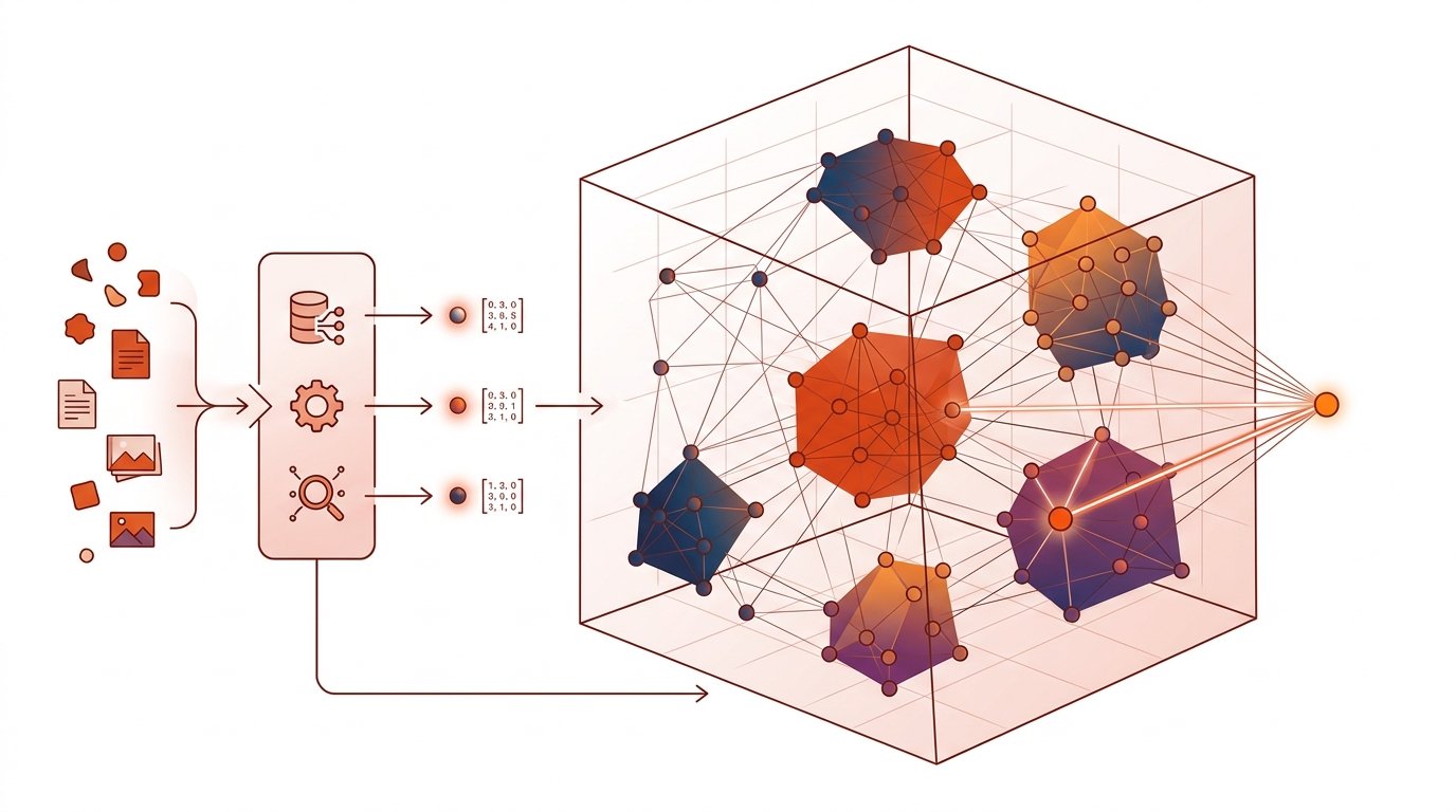 Estructura de base de datos vectorial con puntos de datos transformados en vectores multidimensionales y búsqueda semántica