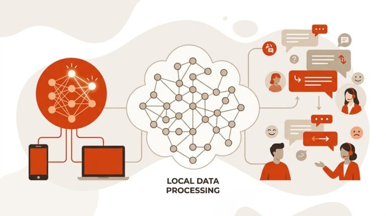 Diagrama educativo de SLMs en marketing mostrando chatbots ligeros y análisis de sentimiento local conectados a dispositivos.