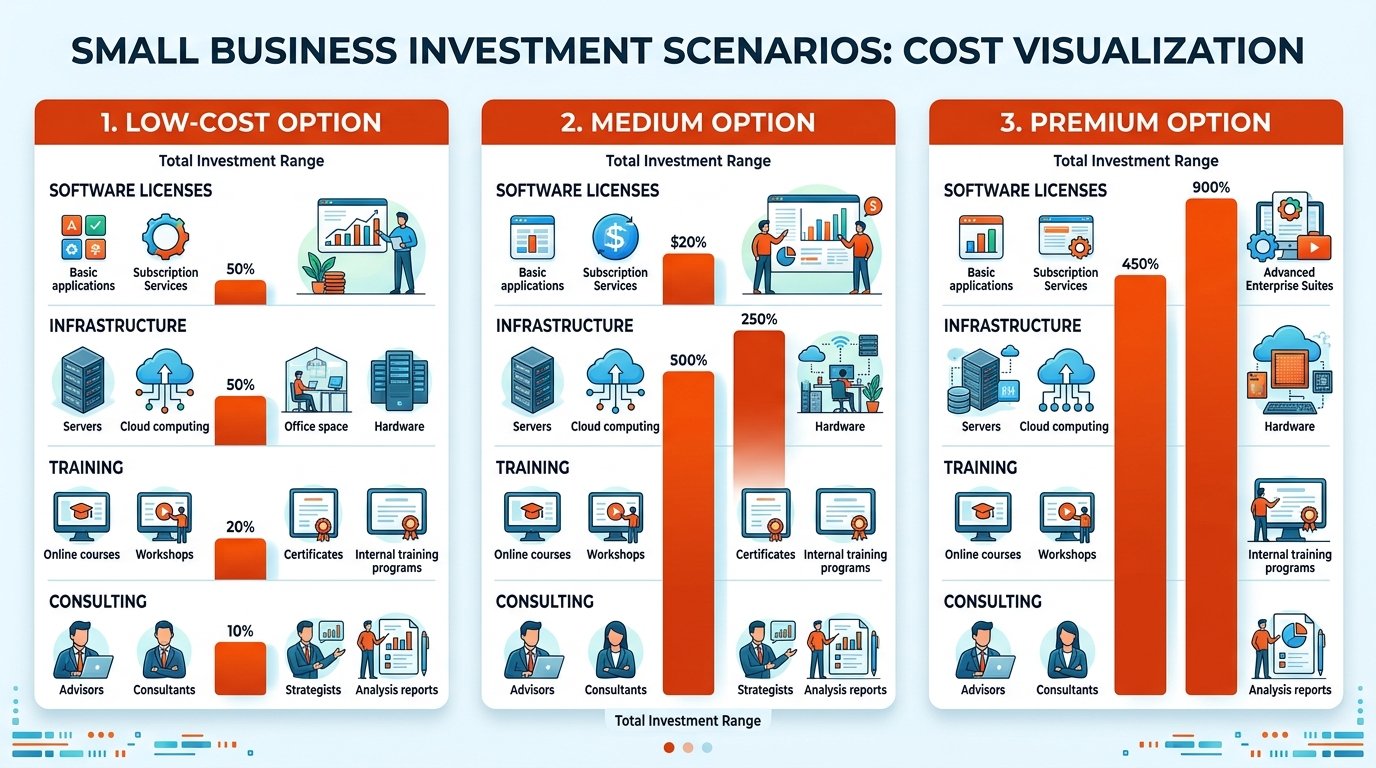 Desglose de costos de transformación digital: opciones de presupuesto bajo, medio y premium para pymes.