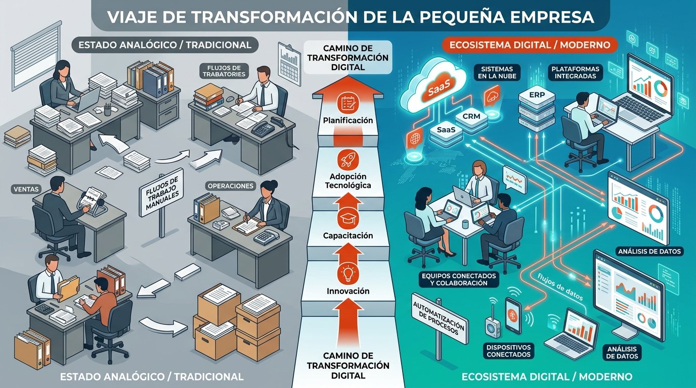 Evolución de una pyme desde procesos analógicos a un ecosistema digital integrado con herramientas conectadas.